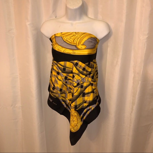 CELINE gold/black tartan plaid SILK TWILL scarf signature MACADAM logo at center - Picture 2 of 11